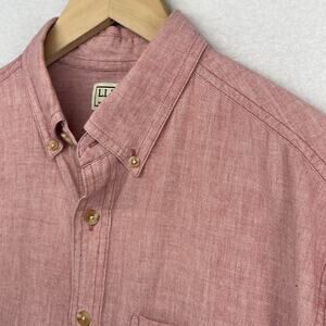LL BEAN Shirt Mens M Chambray Button Down Short Sleeve Cotton Red VTG HK
